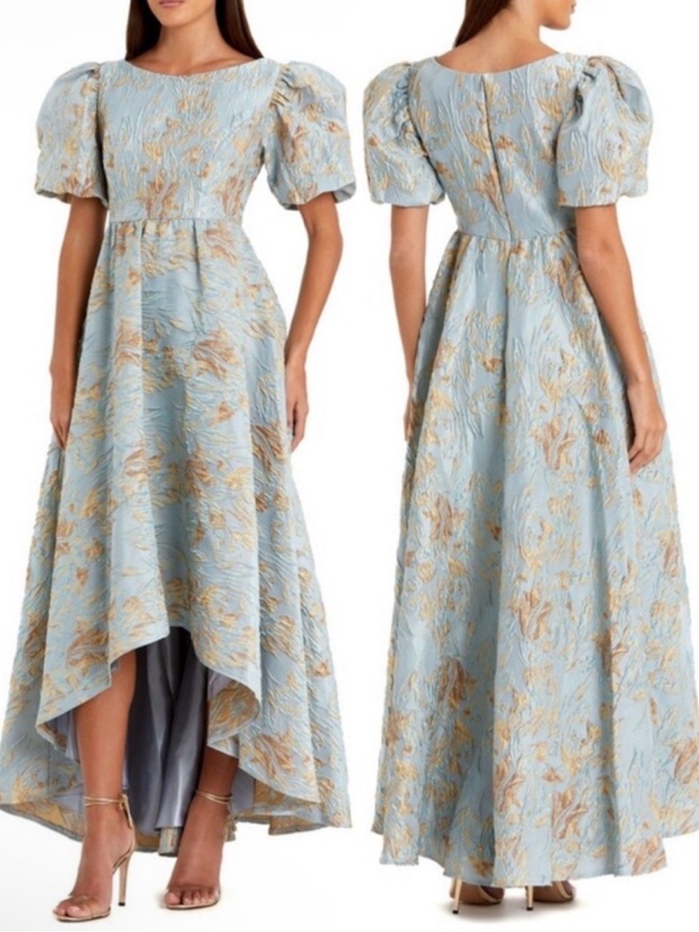 Mac Duggal Light Blue and Gold Puff-Sleeve High-Low Jacquard Gown #11608 Sz: 10